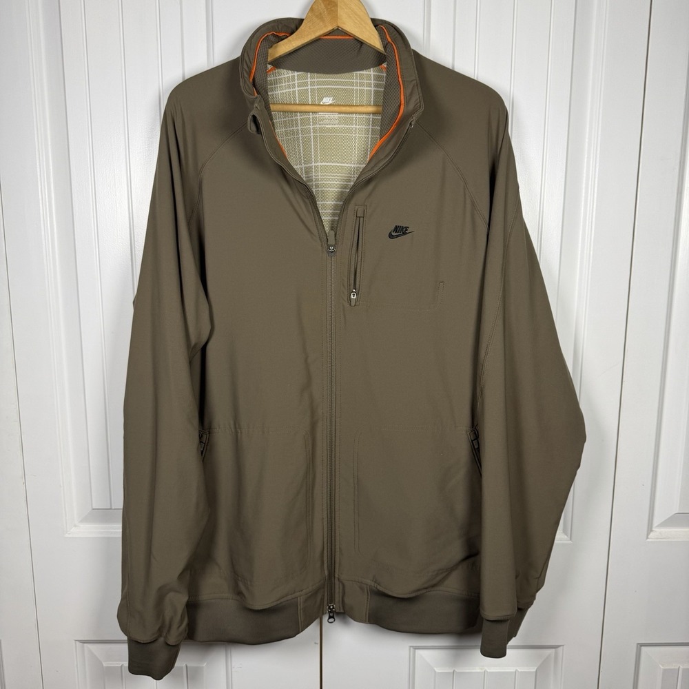 Nike Windbreaker Jacket Men's Size XXL Tan With Plaid Lining Long Sleeve Pockets